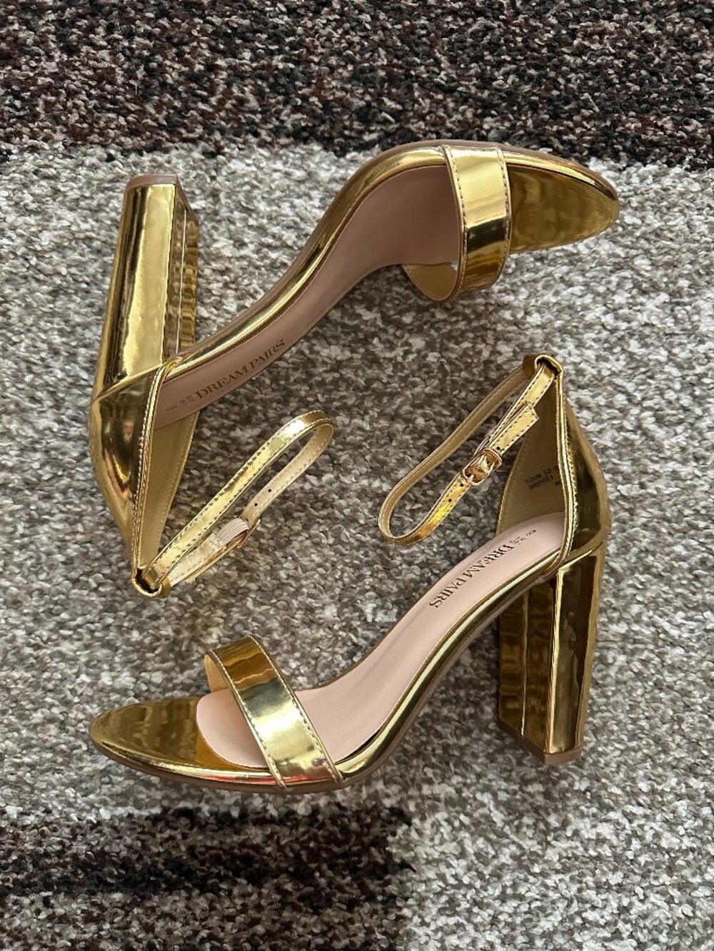 DREAM PAIRS (8) Metallic Gold Hi-Chunk High Heels Sandals Chunky Ankle Patent